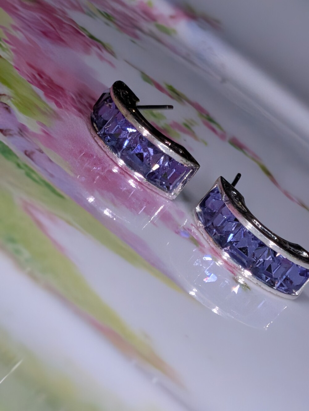 Sparkling Lavender Crystals Delicate Earrings Signed Roman. New Old Stock